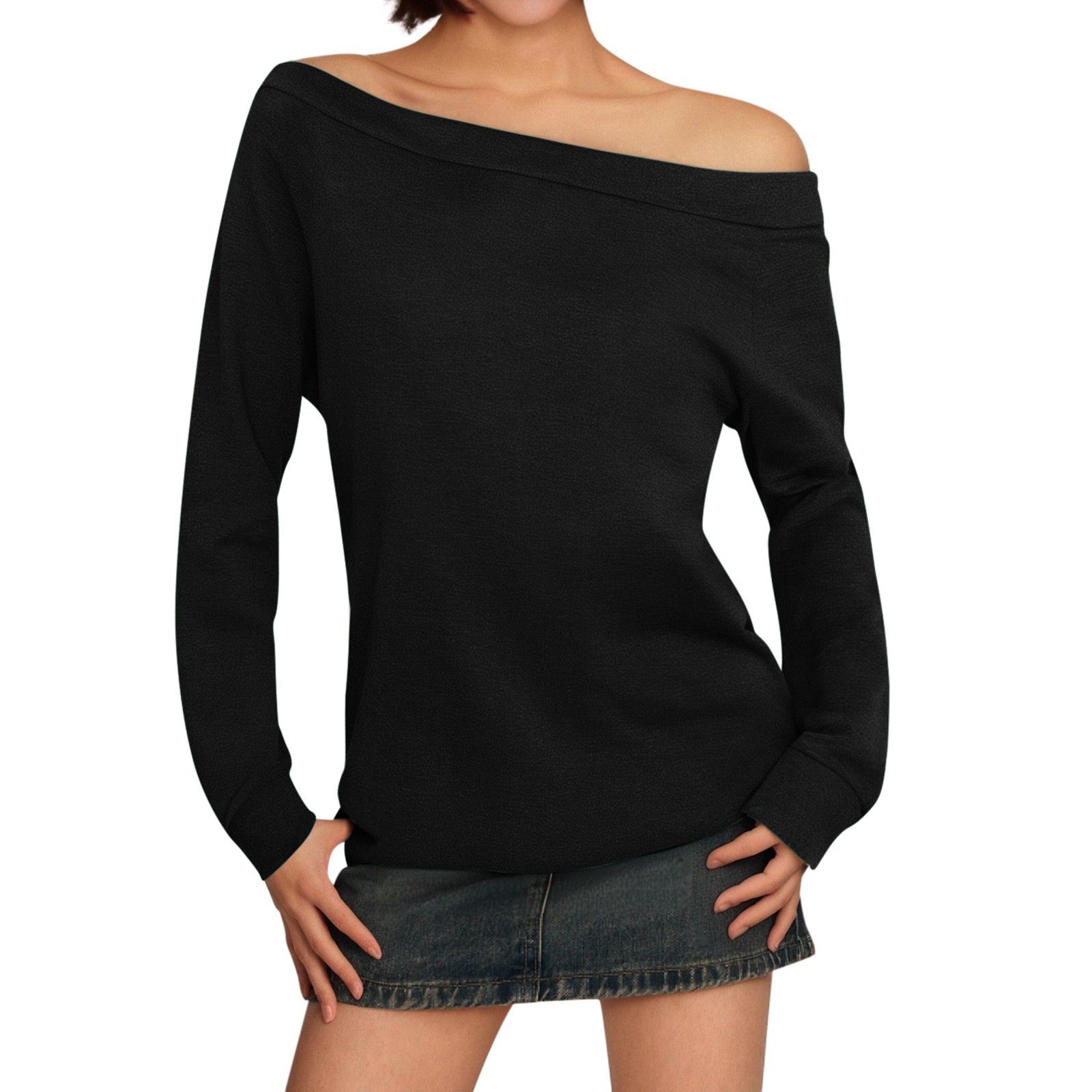 thumbnail image 1 of Blusa de manga larga con hombros descubiertos para mujer - Camiseta informal de verano de color liso, 1 of 6